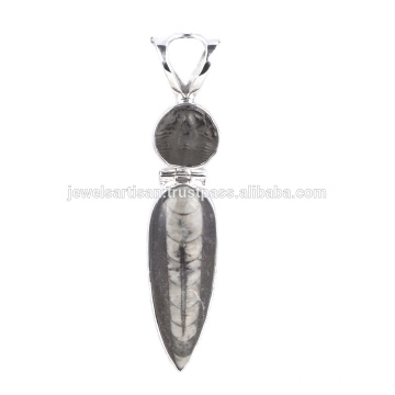 Natural Orthoceras y Trilobite Gemstone 925 colgante de plata de ley